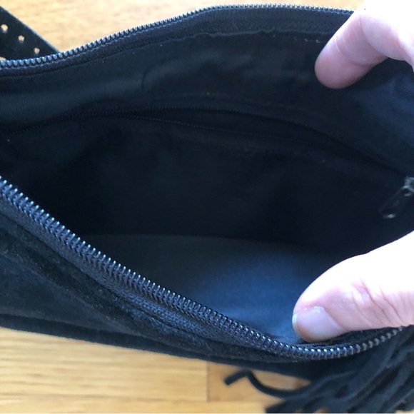 NWOT Black Small Faded Suede Floral Cutout Hobo Tassel Handbag Purse - Picture 3 of 3